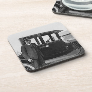 Real Photo Antique Car with Owner Beverage Coaster