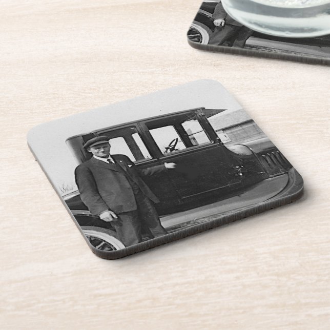 Real Photo Antique Car with Owner Beverage Coaster (Left Side)