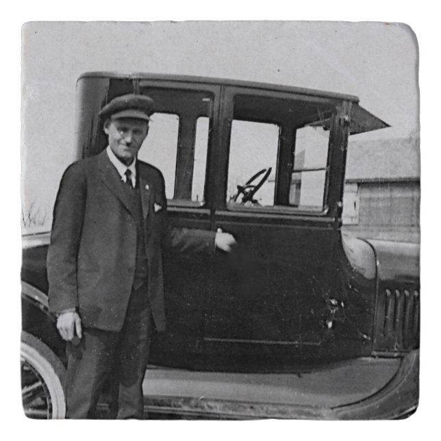 Real Photo Antique Car with Owner Trivet (Front)