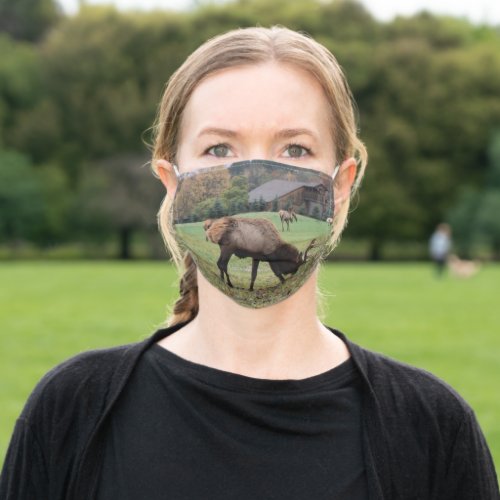 Real Photo Male Elk Antlers Grazing in Grass Adult Cloth Face Mask