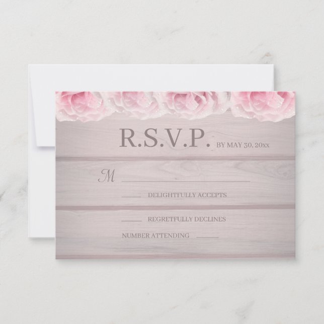 Real Pink Roses Rustic Chic Floral Wedding RSVP Invitation (Front)