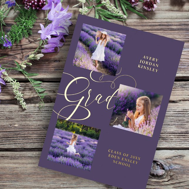 Real Purple Modern Typography Grad Three Photos Foil Invitation (Creator Uploaded)