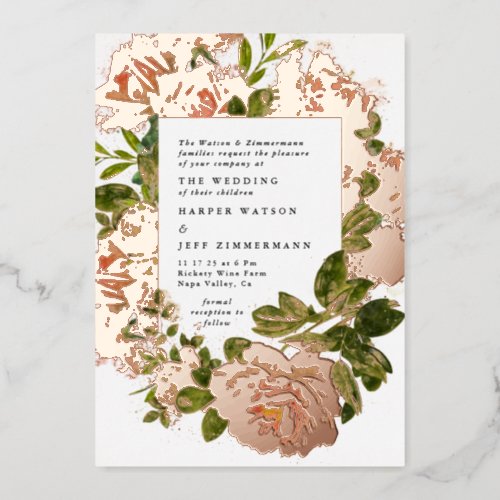 Real Rose Gold and Elegant Watercolor Wedding Foil Invitation