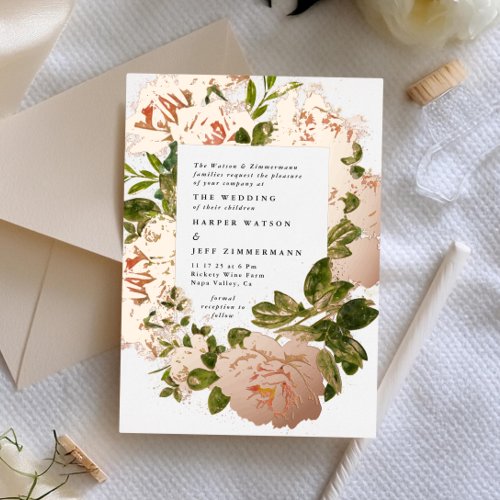 Real Rose Gold and Elegant Watercolor Wedding Foil Invitation