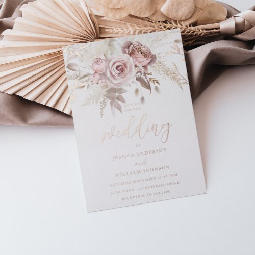 Real Rose Gold Blush Floral Wedding Foil Invitation