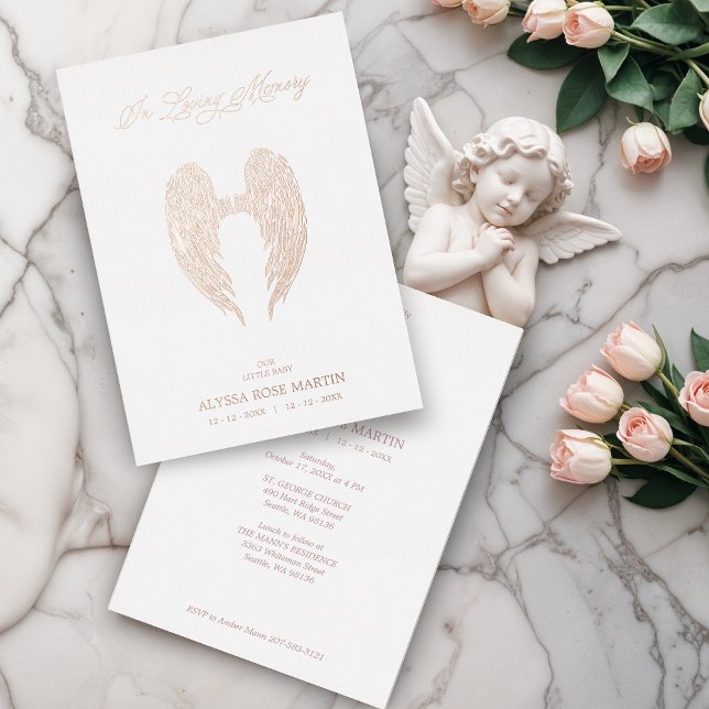 Real Rose Gold Fancy Angel Wings Metallic Foil Invitation (Real Rose Gold Fancy Angel Wings Metallic Foil Invitation with Envelope. Remember a little angel.)