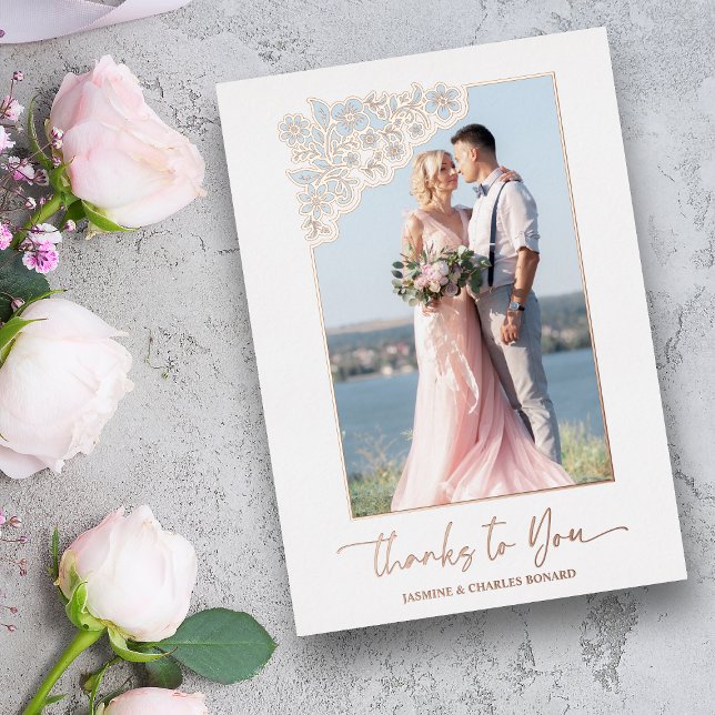 Real Rose Gold Floral Frame 2 Photos Thanks Quote  Foil Invitation (Creator Uploaded)