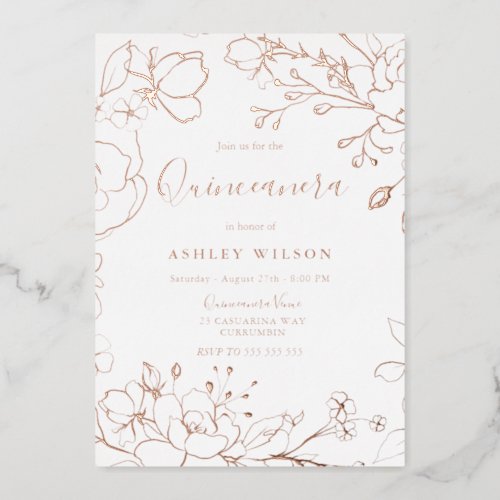 Real Rose Gold Flowers Elegant Quinceanera Party Foil Invitation