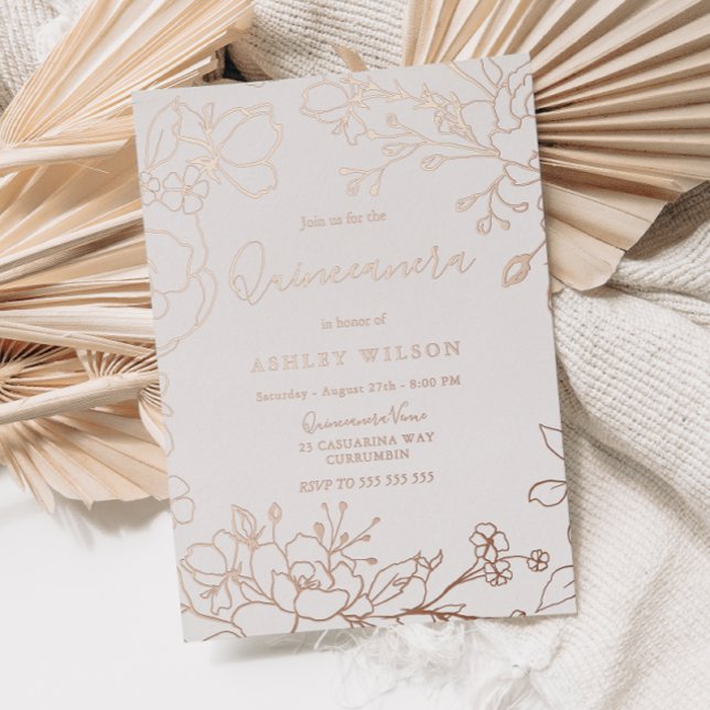 Real Rose Gold Flowers Elegant Quinceanera Party Foil Invitation (Creator Uploaded)