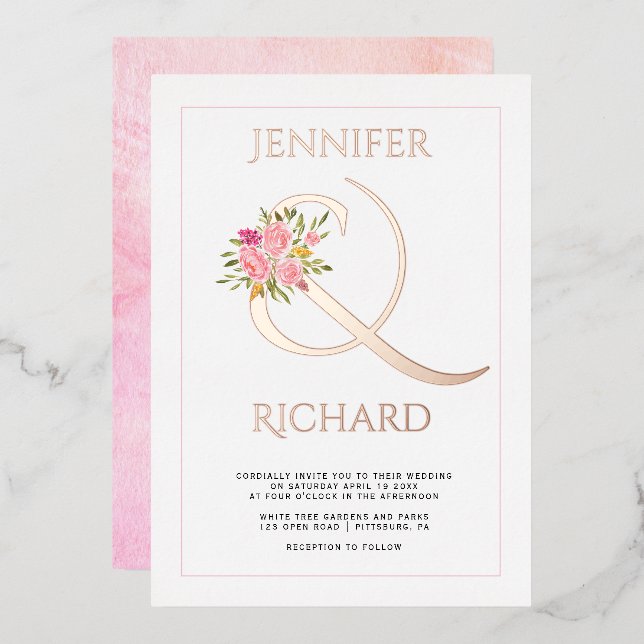 Real rose gold foil ampersand, pink roses wedding  foil invitation (Front/Back)