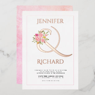 Real rose gold foil ampersand, pink roses wedding invitation