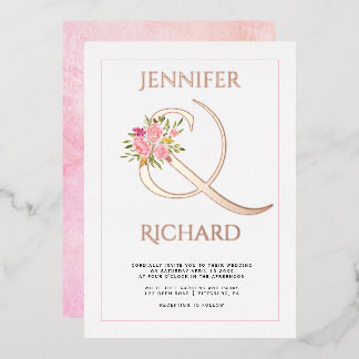 Real rose gold foil ampersand, pink roses wedding  invitation