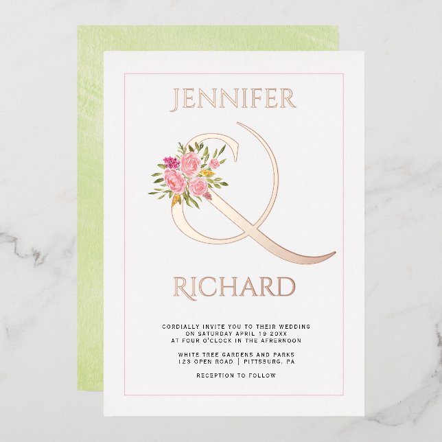 Real rose gold foil ampersand, roses green wedding foil invitation (Front/Back)