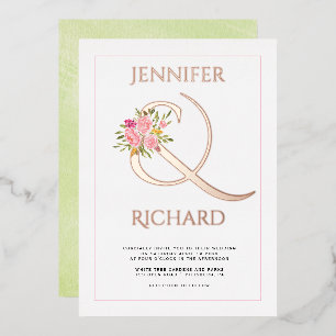 Real rose gold foil ampersand, roses green wedding invitation