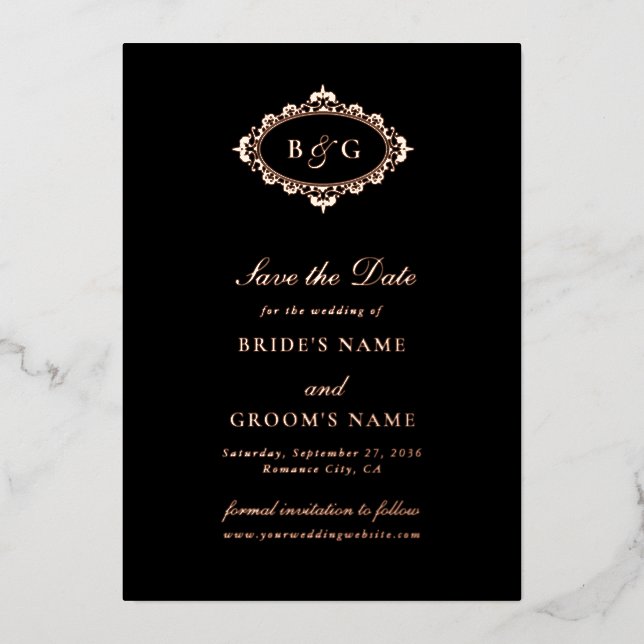 Real Rose Gold Foil Black Wedding Save the Date  Foil Invitation (Front)