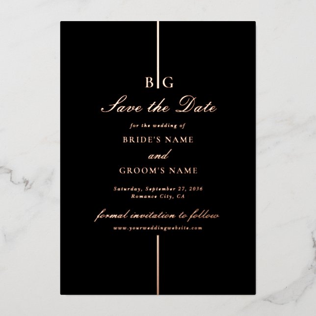 Real Rose Gold Foil Black Wedding Save the Date Invitation (Front)