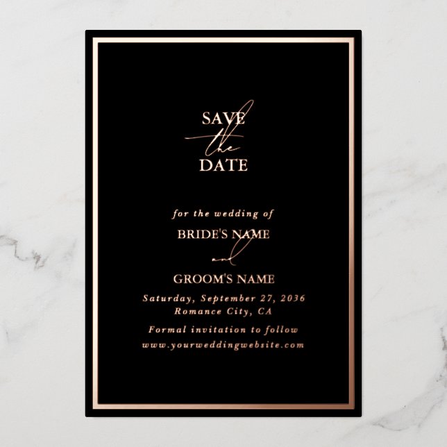 Real Rose Gold Foil Black Wedding Save the Date Invitation (Front)