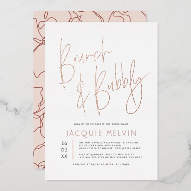 Real Rose Gold Foil Brunch & Bubbly Bridal Shower Foil Invitation