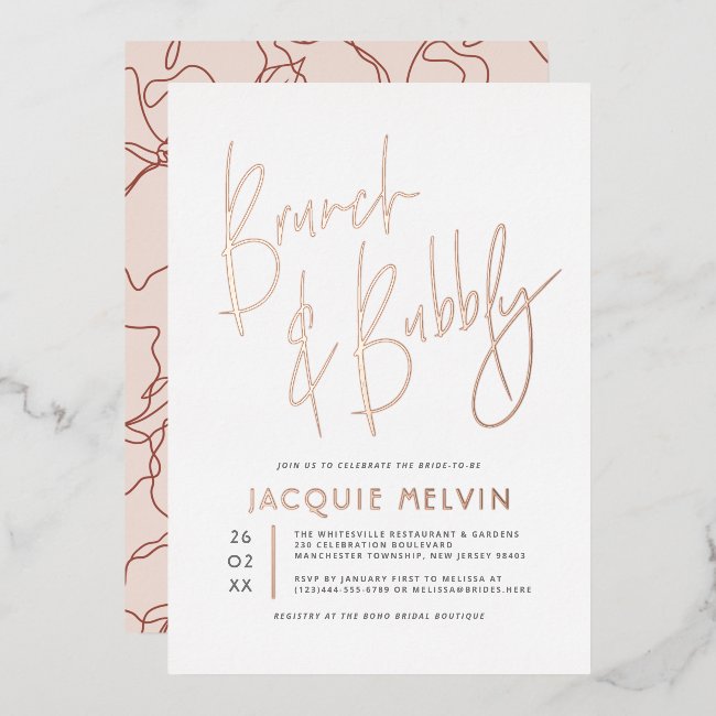 Real Rose Gold Foil Brunch & Bubbly Bridal Shower Foil Invitation