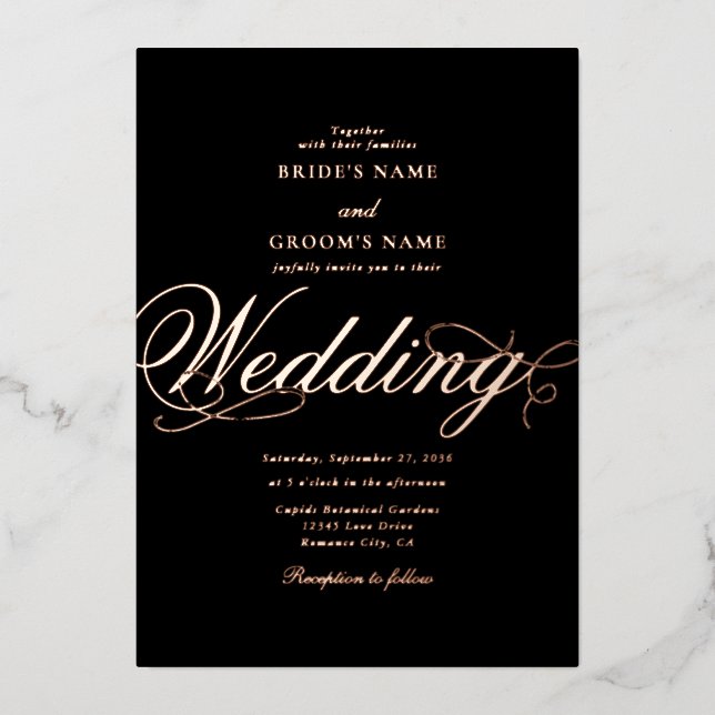 Real Rose Gold Foil Classy Luxury Black Wedding Invitation (Front)