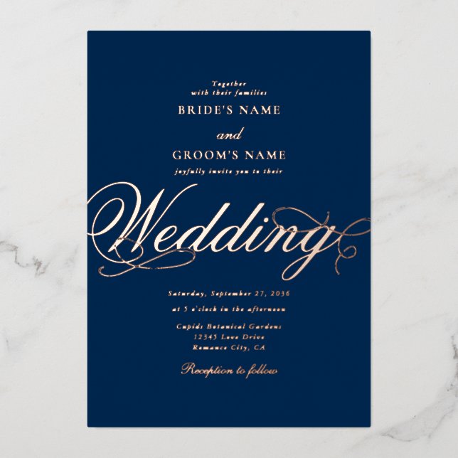 Real Rose Gold Foil Classy Luxury Blue Wedding Invitation (Front)