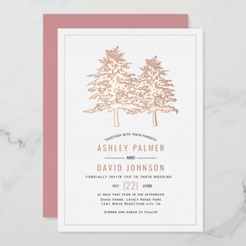 Real rose gold foil conifer trees winter wedding foil invitation