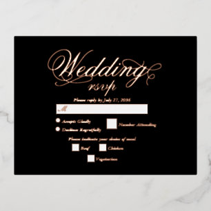 Real Rose Gold Foil Elegant Black Wedding RSVP Foil Invitation Postcard