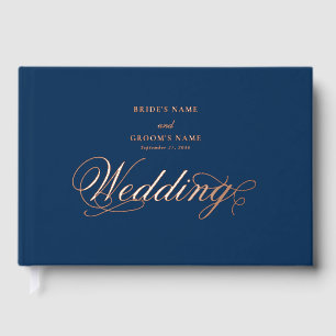 Real Rose Gold Foil Elegant Luxury Blue Wedding Guest Book