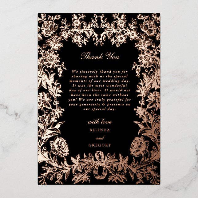 Real Rose Gold Foil Floral Black Wedding Thank You Foil Invitation (Front)