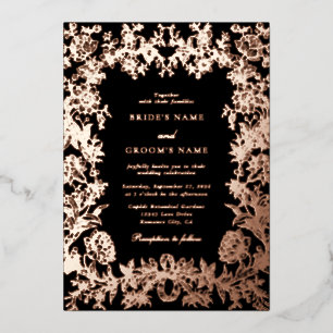 Real Rose Gold Foil Floral Botanical Black Wedding Invitation