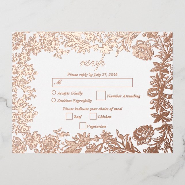 Real Rose Gold Foil Floral Botanical Wedding RSVP Foil Invitation Postcard (Front)