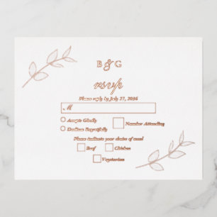 Real Rose Gold Foil Leaves Elegant Wedding RSVP Foil Invitation Postcard