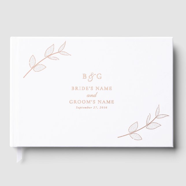 Real Rose Gold Foil Leaves Monogram Wedding Foil Guest Book (Front)