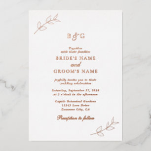 Real Rose Gold Foil Leaves Monogram Wedding Foil Invitation