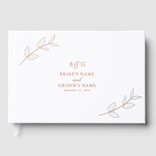 Real Rose Gold Foil Leaves Monogram Wedding Guest Book