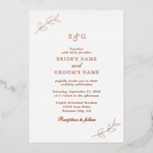 Real Rose Gold Foil Leaves Monogram Wedding Invitation