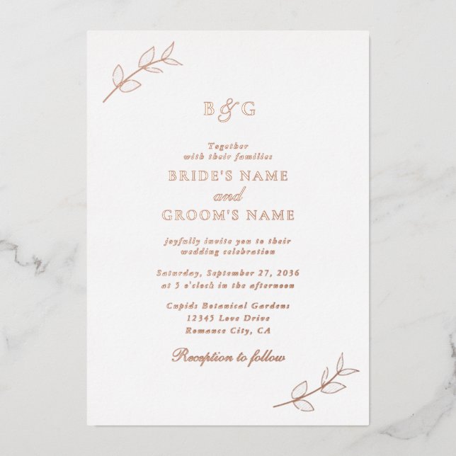 Real Rose Gold Foil Leaves Monogram Wedding Invitation (Front)