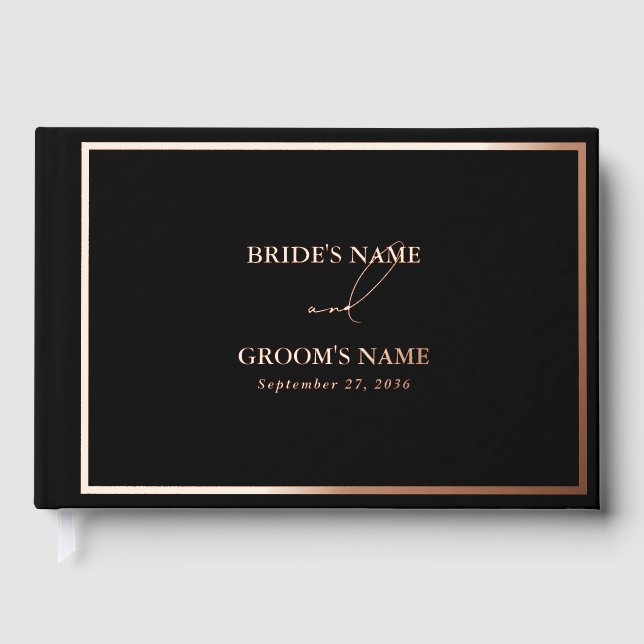 Real Rose Gold Foil Modern Black Wedding Foil Guest Book (Front)