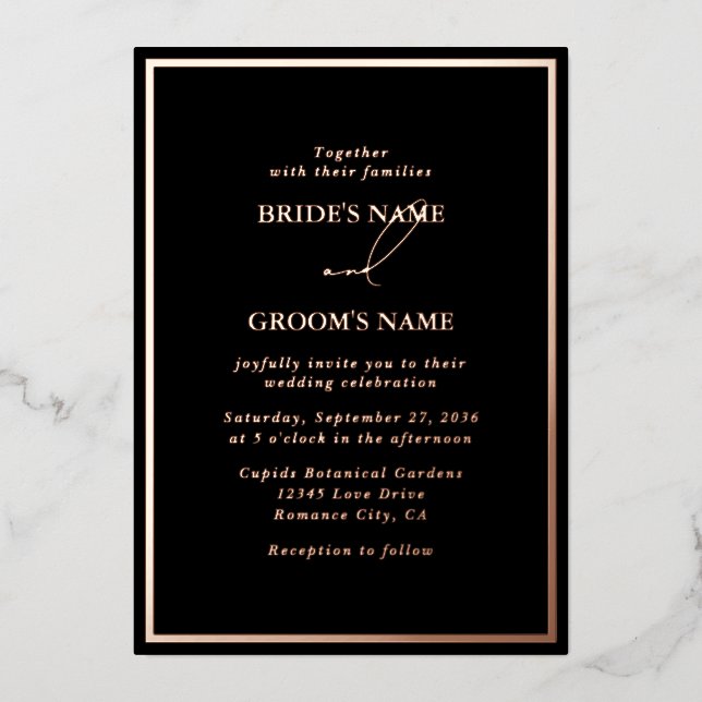 Real Rose Gold Foil Modern Black Wedding Invitation (Front)