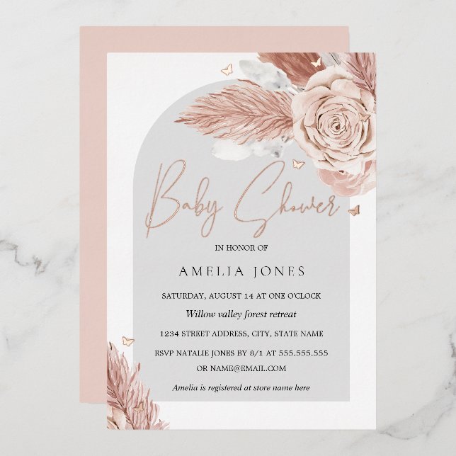 REAL ROSE GOLD FOIL Pink Floral Arch Baby Shower F Foil Invitation (Front/Back)