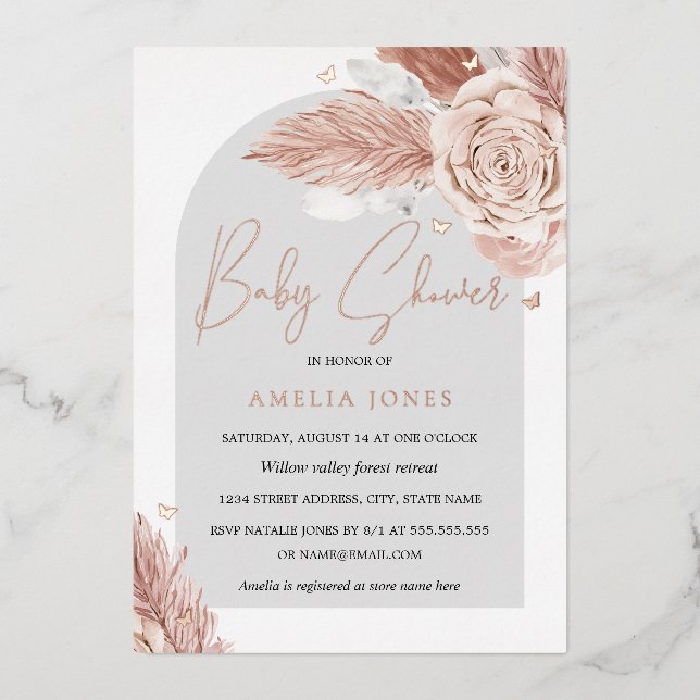 REAL ROSE GOLD FOIL Pink Floral Arch Baby Shower Foil Invitation (Front)