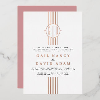 Real rose gold foil stripes, monogram wedding invitation