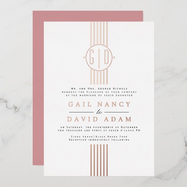 Real rose gold foil stripes, monogram wedding invitation (Front/Back)