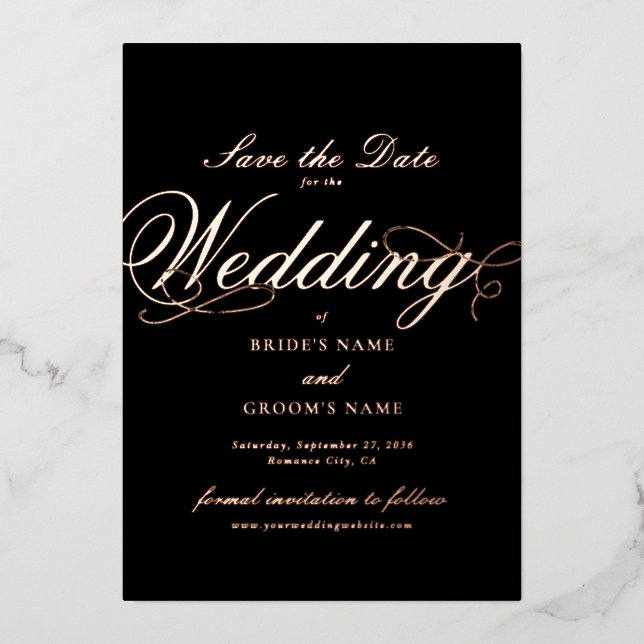 Real Rose Gold Foil Wedding Black Save the Date Invitation (Front)
