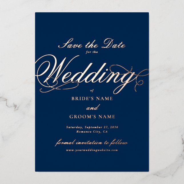 Real Rose Gold Foil Wedding Blue Save the Date Invitation (Front)