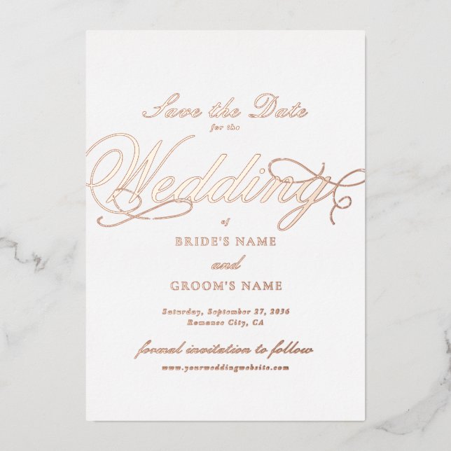 Real Rose Gold Foil Wedding White Save the Date Invitation (Front)