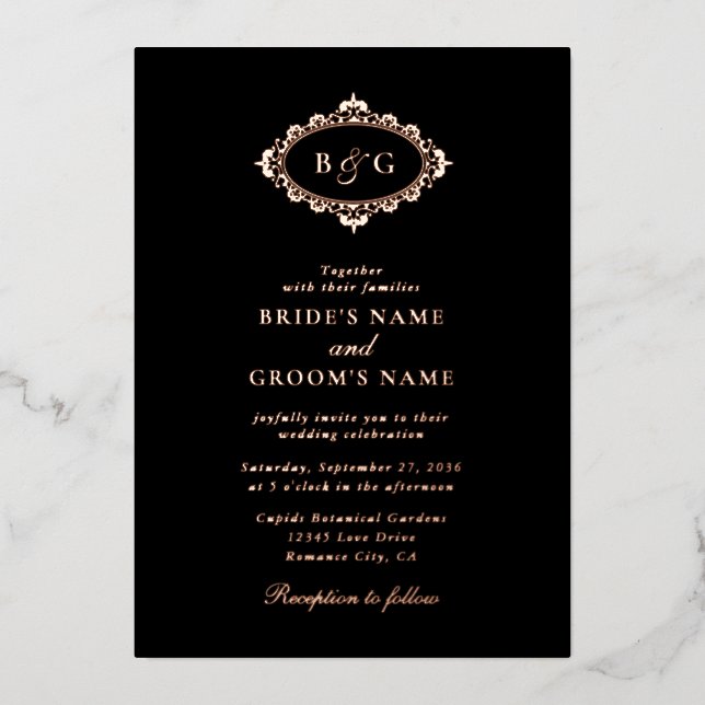 Real Rose Gold Foil Wreath Elegant Black Wedding Foil Invitation (Front)