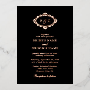 Real Rose Gold Foil Wreath Elegant Black Wedding Invitation