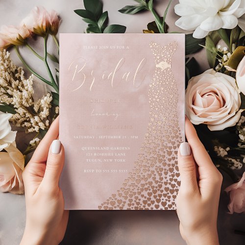 Real Rose Gold Gown Blush Watercolor Bridal Shower Foil Invitation
