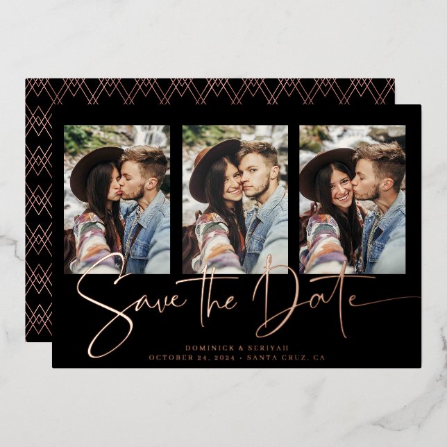 Real Rose Gold Handwritten Save the Date Foil Invitation (Front/Back)
